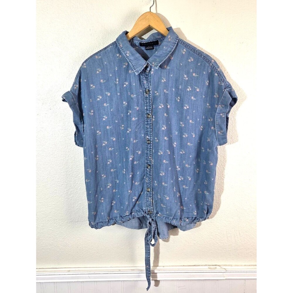 Sanctuary Floral Boho Chambray Denim Button Front Tie Waist Short Sleeve Top